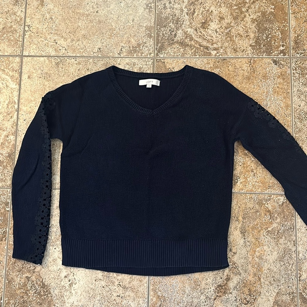 Loft navy blue cotton sweater with flower cut out lace insets in sleeves.  Med.